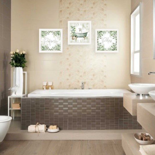 "Fresh Bath Oasis" 3-Piece Vignette by Nicole DeCamp Ready to Hang Framed Print, White Frame