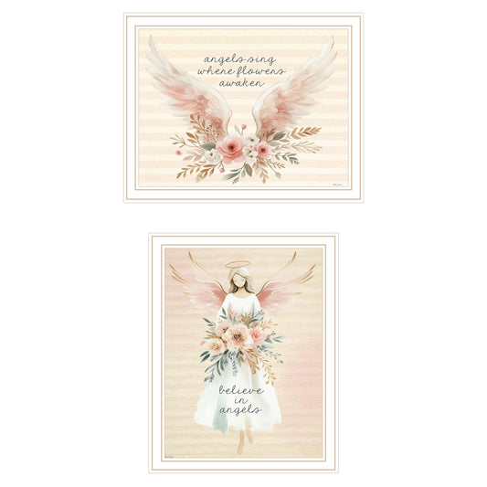 "Angels Sing Where Flowers are" 2-Piece Vignette by Nicole DeCamp Ready to Hang Framed Print, White Frame