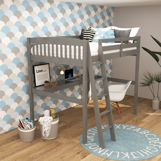 Yes4Wood Everest Grey High Loft Bed with Desk and Storage, Heavy Duty Solid Wood Full Size Loft Bed Frame with Stairs for Kids and Toddlers, No Box Spring Needed