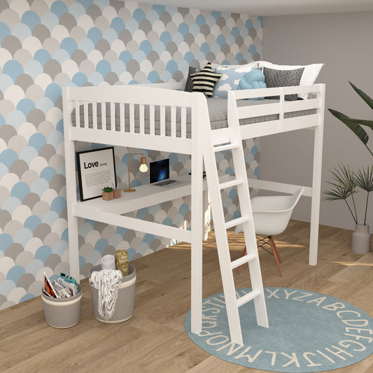 Yes4Wood Everest White Solid Wood Full Loft Bed with Desk & Stairs