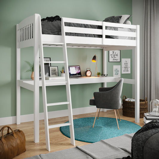 Yes4Wood Everest White Solid Wood Twin Loft Bed with Desk & Stairs