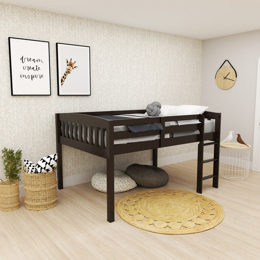 Yes4Wood ElbrusLow Cappucinno Loft Bed with Storage, Space Saver Full Size Kids Loft Bed with Stairs for Toddlers Assembled in Sturdy Solid Wood, No Box Spring Needed.