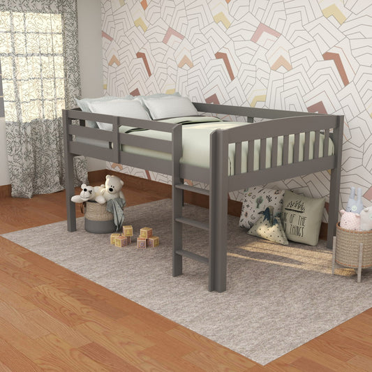 Yes4Wood ElbrusLow Grey Loft Bed with Storage, Space Saver Full Size Kids Loft Bed with Stairs for Toddlers Assembled in Sturdy Solid Wood, No Box Spring Needed.