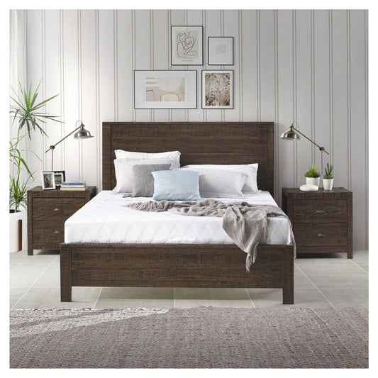 Yes4wood Albany 3 Piece Full Bed Set, Heavy Duty Solid Wood Full Size Bed Frame with Bedside Table Set of 2, Espresso