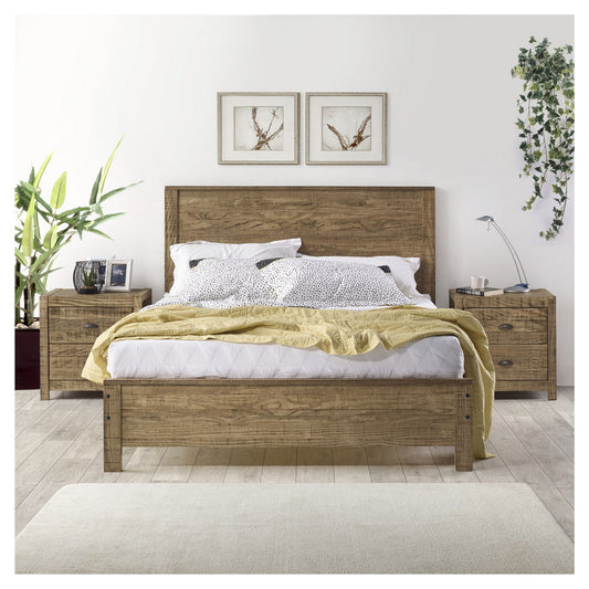 Yes4wood Albany 3 Piece Full Bed Set, Heavy Duty Solid Wood Full Size Bed Frame with Bedside Table Set of 2, Walnut