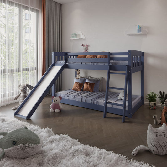 Yes4wood Kids Bunk Bed Twin Over Twin with Slide and Stairs, Heavy Duty Solid Wood Twin Bunk Beds, Toddler Bed Frame with Safety Guardrails, Blue
