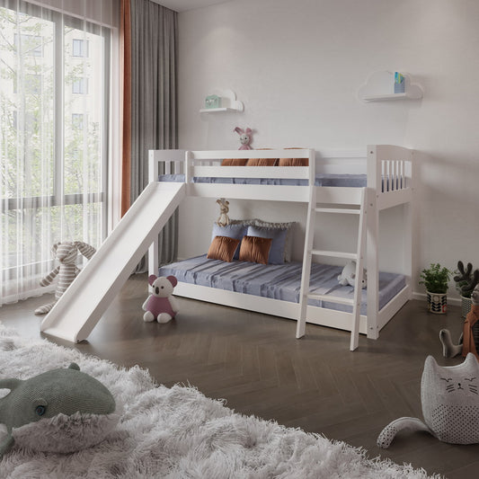 Yes4wood Kids Bunk Bed Twin Over Twin with Slide and Stairs, Heavy Duty Solid Wood Twin Bunk Beds, Toddler Bed Frame with Safety Guardrails, White