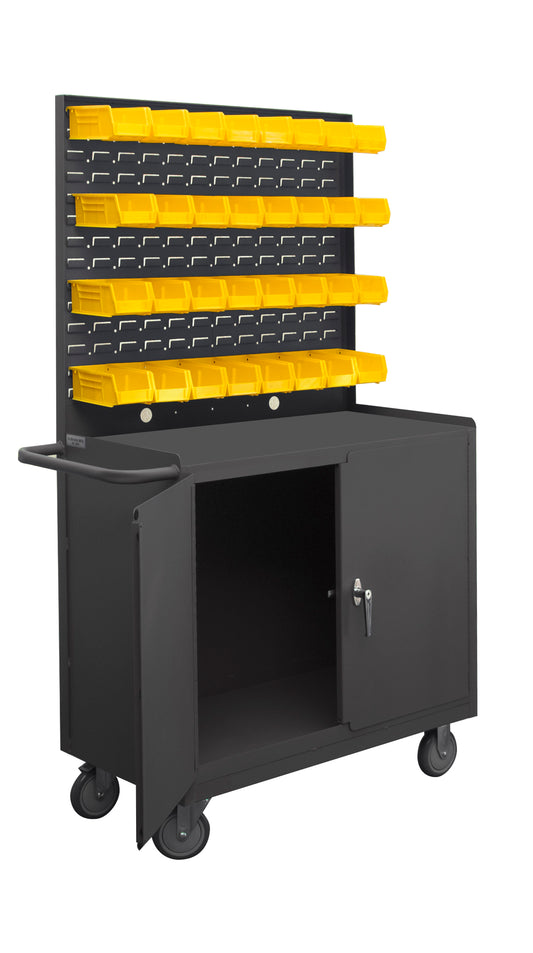Durham Mfg Mobile Bench Cabinet with 32 Hook-On Bins, 2 Doors, Gray