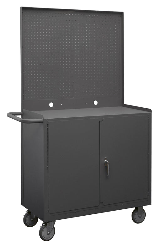 Durham Mfg Mobile Bench Cabinet with Pegboard Panel, 2 Doors, Gray