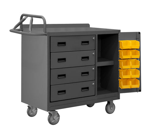Durham Mfg Mobile Bench Cabinet with Bins, Side Door & 4 Drawers, Gray