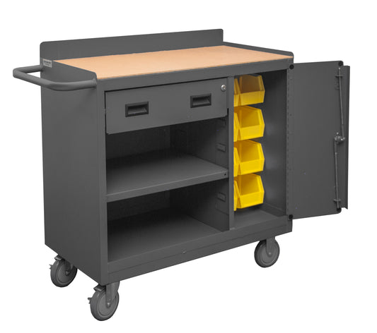 Durham Mfg Mobile Bench Cabinet with Bins & Drawer, Side Door, Gray
