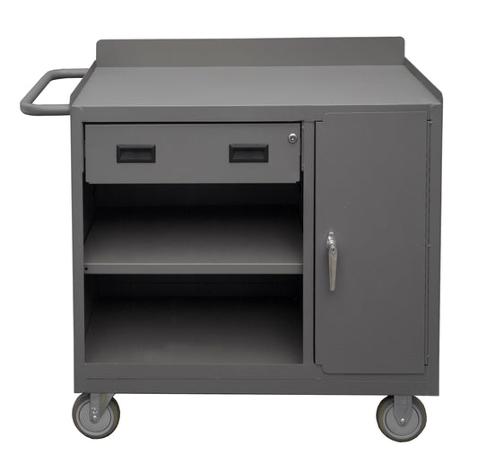 Durham Mfg Mobile Bench Cabinet, 2 Shelves, Side Door & Drawer, Gray