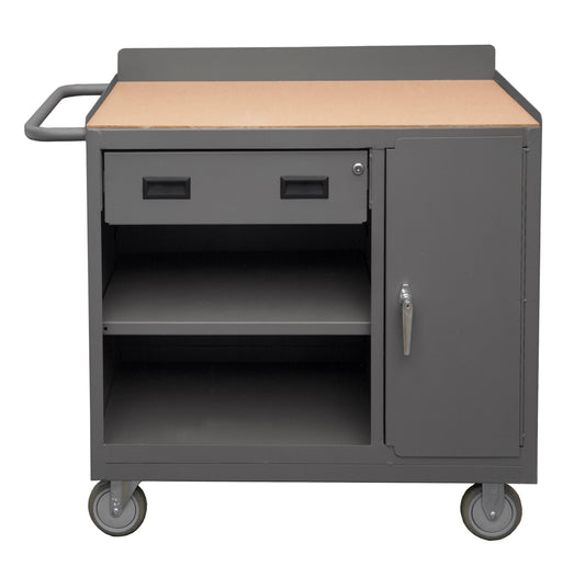 Durham Mfg Mobile Bench Cabinet with Hardboard Top, Side Door & Drawer, Gray