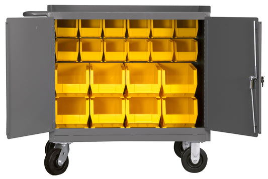 Durham Mfg Mobile Bench Cabinet with 20 Bins, 2 Doors, Steel Top, Gray