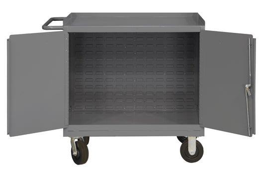 Durham Mfg Mobile Bench Cabinet with Louvered Panel, 2 Doors, Steel Top, Gray