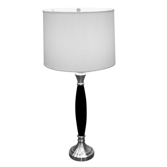 30" Tall Wood and Chrome Table Lamp, White Linen Shade