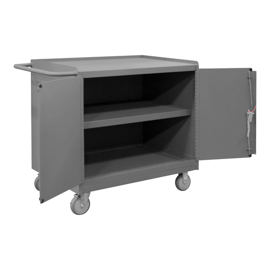 Durham Mfg Mobile Bench Cabinet, Shelf & 2 Doors, Steel Top, Gray