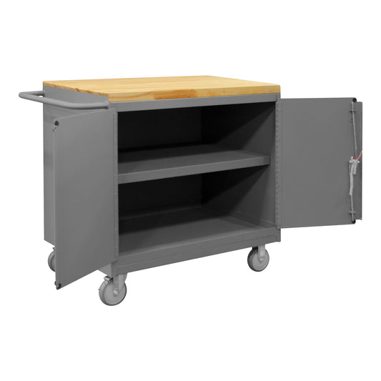 Durham Mfg Mobile Bench Cabinet, Shelf & 2 Doors, Maple Top, Gray