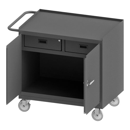 Durham Mfg Mobile Bench Cabinet, 2 Doors & 2 Drawers, Steel Top, Gray