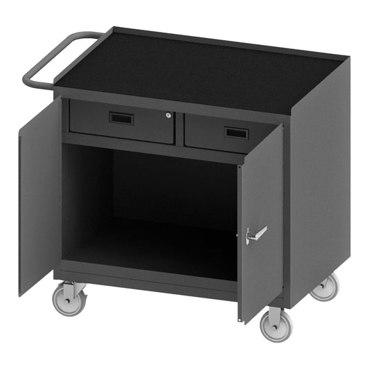Durham Mfg Mobile Bench Cabinet, 2 Doors & 2 Drawers, Rubber Top, Gray