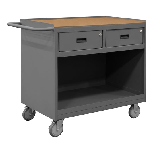 Durham Mfg Mobile Bench Cabinet, Open Base & 2 Drawers, Gray