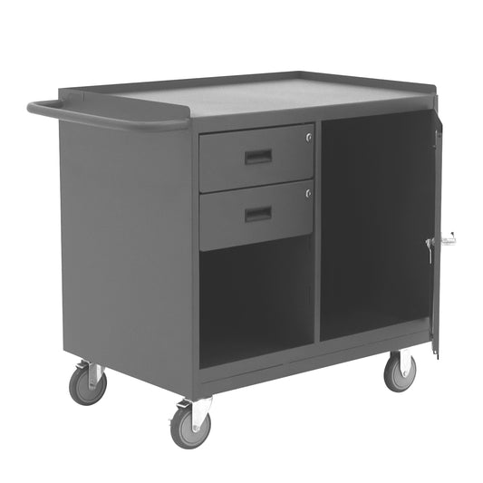 Durham Mfg Mobile Bench Cabinet, Side Door & 2 Drawers, Steel Top, Gray