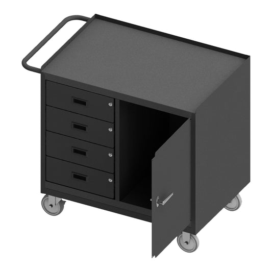 Durham Mfg Mobile Bench Cabinet, Side Door & 4 Drawers, Steel Top, Gray