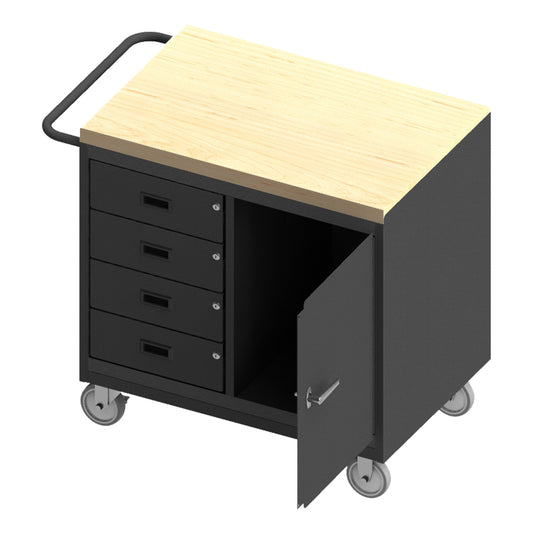 Durham Mfg Mobile Bench Cabinet, Side Door & 4 Drawers, Maple Top, Gray