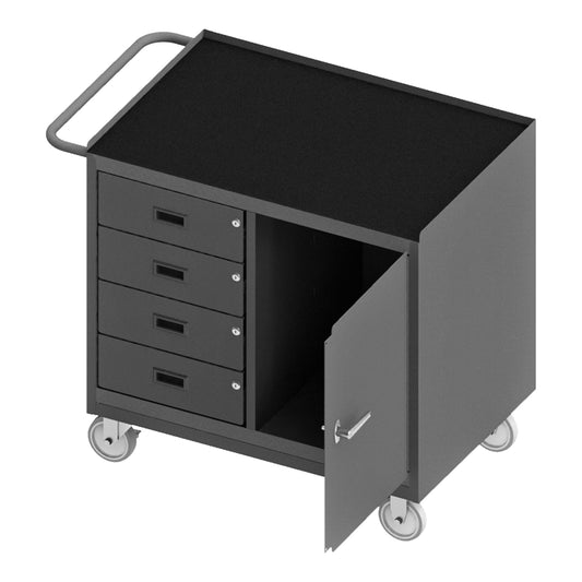 Durham Mfg Mobile Bench Cabinet, Side Door & 4 Drawers, Rubber Top, Gray