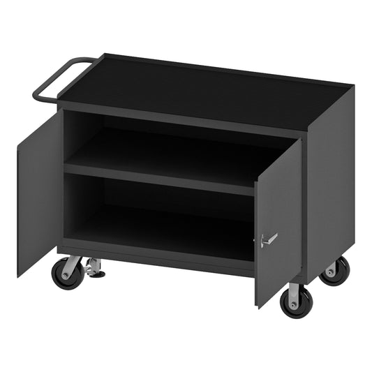 Durham Mfg Mobile Bench Cabinet, 2 Doors & Shelf, Rubber Top, Gray