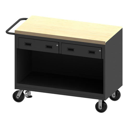 Durham Mfg Mobile Bench Cabinet, Open Base & Drawers, Maple Top, Gray