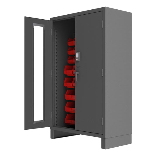 Durham Mfg Access Control Cabinet with 42 Red Bins, Gray