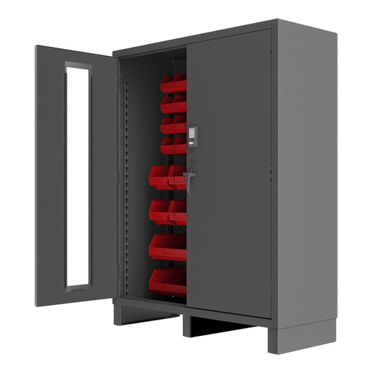 Durham Mfg Access Control Cabinet with 54 Red Bins, Gray