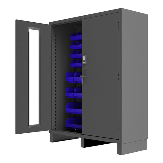Durham Mfg Access Control Cabinet with 54 Blue Bins, Gray