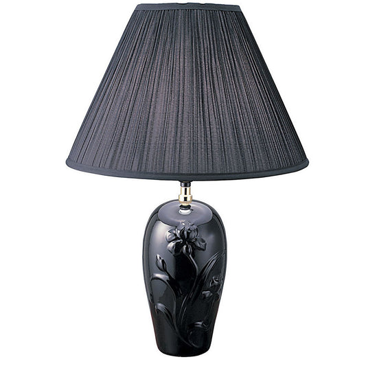 26" Tall Ceramic Table Lamp, Urn-Shaped with Black finish, Linen Shade