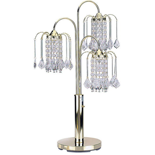 34" Tall Metal Table Lamp with Brass finish, 3 Crystal Chandelier Lights