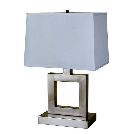 22" Tall Metal Table Lamp with Nickel finish, Square design, White Fabric Shade