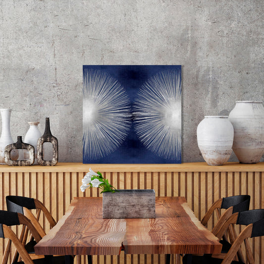 Silver Sunburst On Blue II, Fine Art Giclee Print on Gallery Wrap Canvas, 30" x 30"