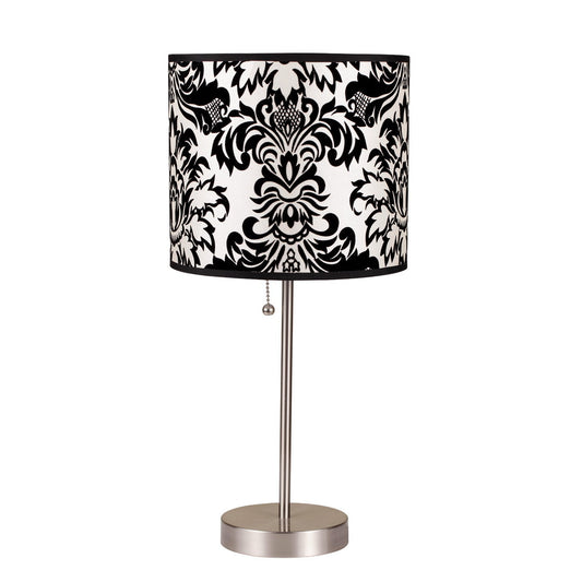 19" Tall Metal Table Lamp with Silver finish, Black and White Shade