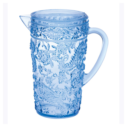 Paisley Plastic Water Pitcher with Lid, 2.5 Qt, BPA-Free, Blue