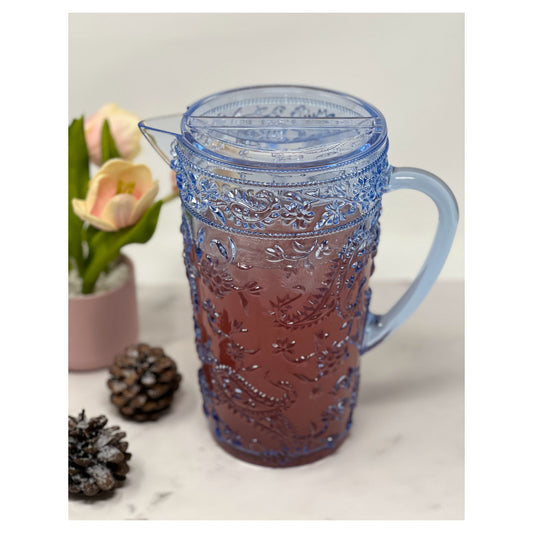 LeadingWare Paisley Plastic Pitcher with Lid, 2.5 Qt, Unbreakable, BPA Free, Blue