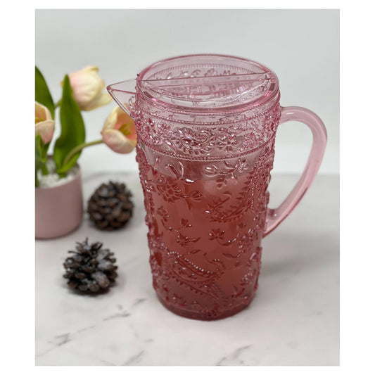 LeadingWare Paisley Plastic Pitcher with Lid, 2.5 Qt, Unbreakable, BPA Free, Pink
