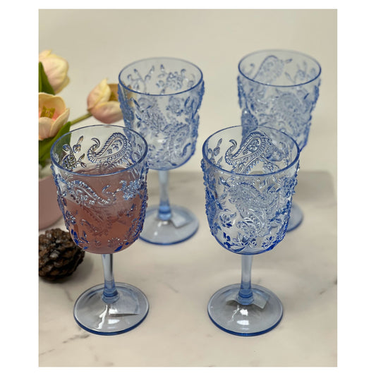 LeadingWare Paisley Acrylic Wine Glasses Set of 4, 13oz, Unbreakable, BPA Free, Blue