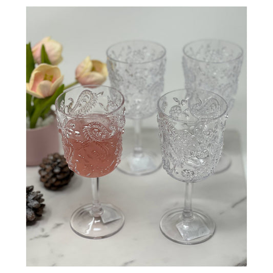 LeadingWare Paisley Acrylic Wine Glasses Set of 4, 13oz, Unbreakable, BPA Free, Clear