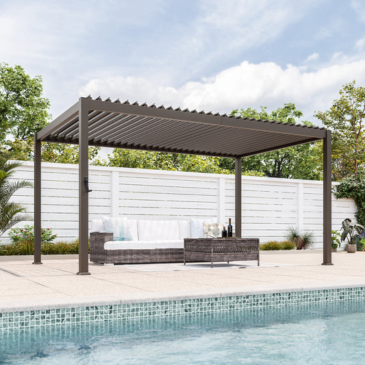 Sonkuki 9 ft. x 14 ft. Aluminized Steel Louvered Pergola with Adjustable Roof, Dark Brown (AS-BP-2743-BN-A)