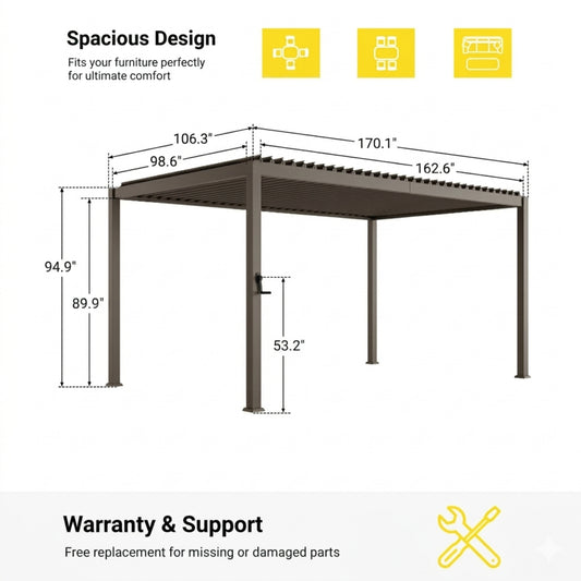 9 ft. x 14 ft. Aluminized Steel Louvered Pergola with Adjustable Roof, Dark Brown