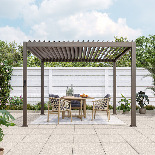 Sonkuki 10 ft. x 10 ft. Aluminized Steel Louvered Pergola with Adjustable Roof, Dark Brown (AS-BP-3030-BN-A)
