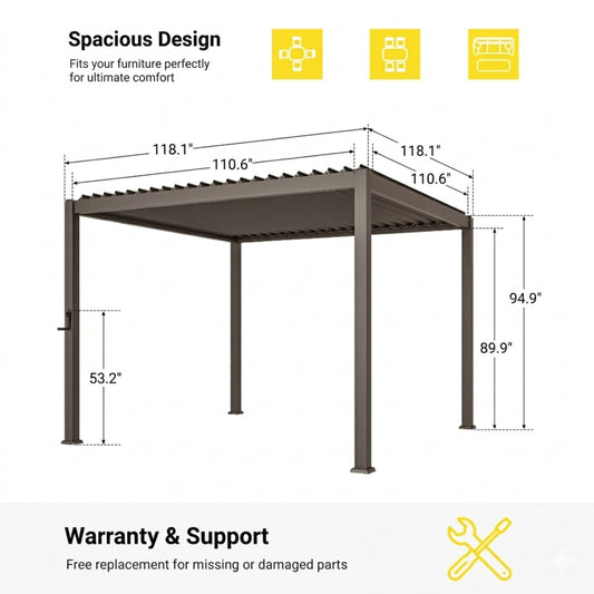 10 ft. x 10 ft. Aluminized Steel Louvered Pergola with Adjustable Roof, Dark Brown