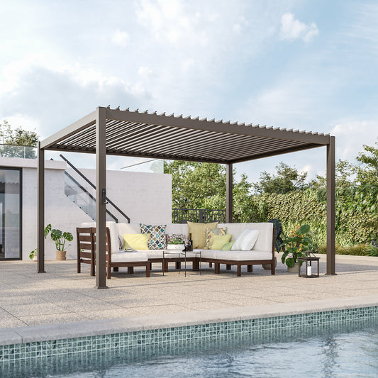 Sonkuki 10 ft. x 13 ft. Aluminized Steel Louvered Pergola with Adjustable Roof, Dark Brown (AS-BP-3400-BN-A)