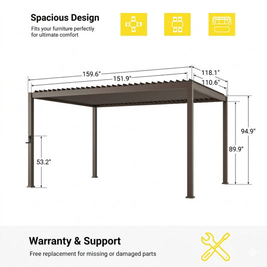 10 ft. x 13 ft. Aluminized Steel Louvered Pergola with Adjustable Roof, Dark Brown